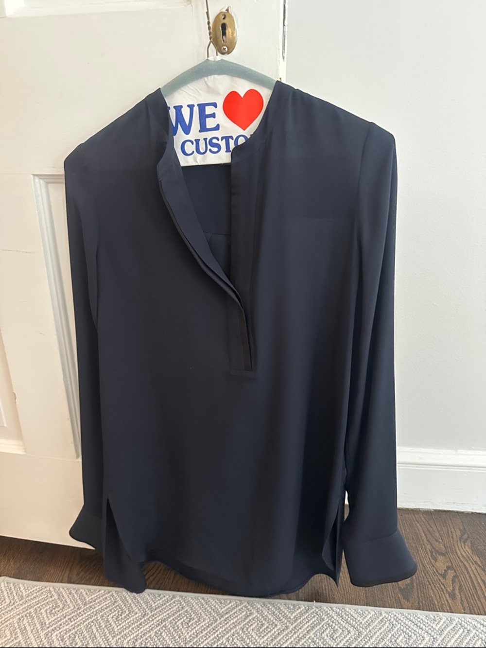 Vince Navy Split-Neck Long Sleeve Blouse